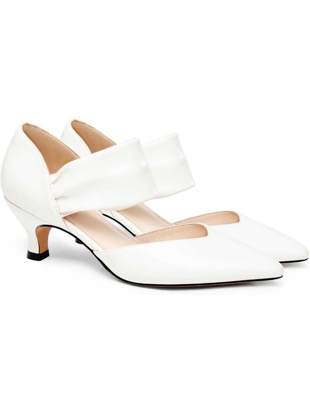 Women's Beige Low Kitten Heels Shoes Pointed Toe Slip on Ankle Party Strap Pumps